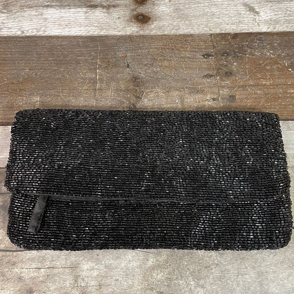 Ann Taylor Loft Black Beaded Fold Over Clutch Evening Bag